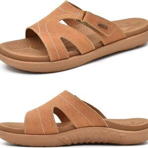 Women's Faux Leather Slides Sandals 10 Wide Arch Support Cushioned Comfort